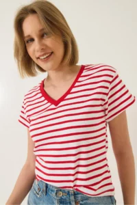 Bianco Lucci Women's V-Neck Striped Comfortable Fit Basic T-Shirt - Image 3