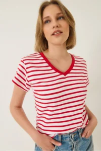 Bianco Lucci Women's V-Neck Striped Comfortable Fit Basic T-Shirt - Image 4