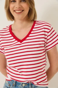 Bianco Lucci Women's V-Neck Striped Comfortable Fit Basic T-Shirt - Image 5