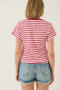 Bianco Lucci Women's V-Neck Striped Comfortable Fit Basic T-Shirt - Image 7