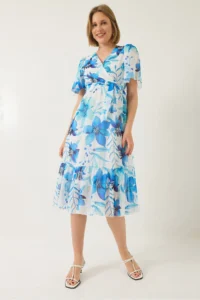 Bianco Lucci Women's Double Breasted Collar Waist Elastic Belted Lined Patterned Chiffon Dress - Image 2
