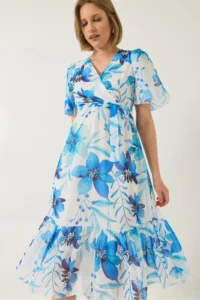 Bianco Lucci Women's Double Breasted Collar Waist Elastic Belted Lined Patterned Chiffon Dress - Image 3