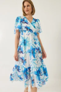 Bianco Lucci Women's Double Breasted Collar Waist Elastic Belted Lined Patterned Chiffon Dress - Image 4