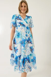 Bianco Lucci Women's Double Breasted Collar Waist Elastic Belted Lined Patterned Chiffon Dress - Image 5