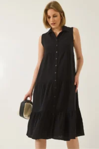Bianco Lucci Women's Shirt Collar Buttoned Muslin Loose Muslin Dress 70320