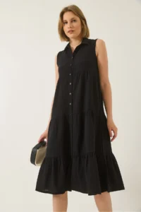 Bianco Lucci Women's Shirt Collar Buttoned Muslin Loose Muslin Dress 70320 - Image 4