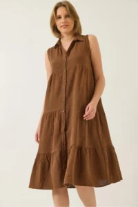 Bianco Lucci Women's Shirt Collar Buttoned Muslin Loose Muslin Dress 70320