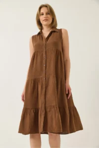 Bianco Lucci Women's Shirt Collar Buttoned Muslin Loose Muslin Dress 70320 - Image 4