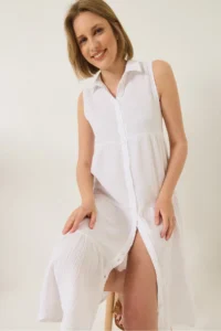 Bianco Lucci Women's Shirt Collar Buttoned Muslin Loose Muslin Dress 70320 - Image 2