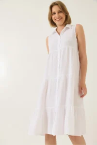 Bianco Lucci Women's Shirt Collar Buttoned Muslin Loose Muslin Dress 70320 - Image 5