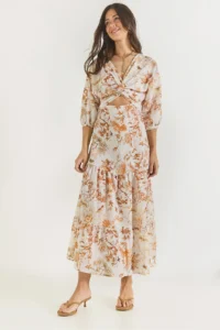 Bianco Lucci Women's Window Detailed Patterned Long Linen Dress 3025