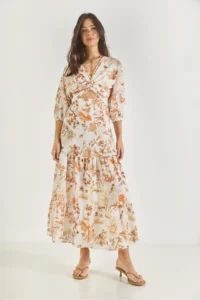 Bianco Lucci Women's Window Detailed Patterned Long Linen Dress 3025 - Image 2
