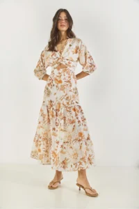 Bianco Lucci Women's Window Detailed Patterned Long Linen Dress 3025 - Image 3