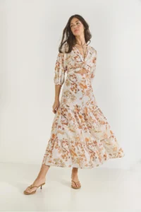 Bianco Lucci Women's Window Detailed Patterned Long Linen Dress 3025 - Image 4