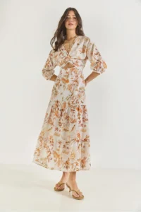Bianco Lucci Women's Window Detailed Patterned Long Linen Dress 3025 - Image 5