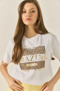 Bianco Lucci Women's Printed Stone Detailed Regular Fit Cotton T-Shirt 8136 - Image 2