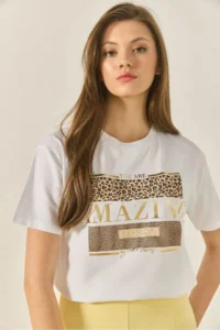 Bianco Lucci Women's Printed Stone Detailed Regular Fit Cotton T-Shirt 8136 - Image 3