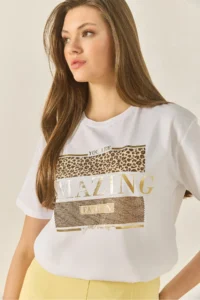 Bianco Lucci Women's Printed Stone Detailed Regular Fit Cotton T-Shirt 8136 - Image 4