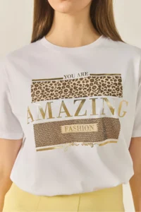 Bianco Lucci Women's Printed Stone Detailed Regular Fit Cotton T-Shirt 8136 - Image 5