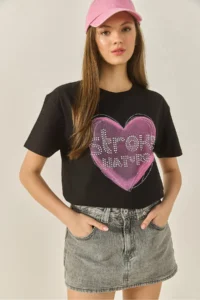 Bianco Lucci Women's Heart Printed Stone Detailed Regular Fit Cotton T-Shirt 8133