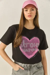 Bianco Lucci Women's Heart Printed Stone Detailed Regular Fit Cotton T-Shirt 8133 - Image 2