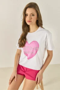 Bianco Lucci Women's Heart Printed Stone Detailed Regular Fit Cotton T-Shirt 8133 - Image 4