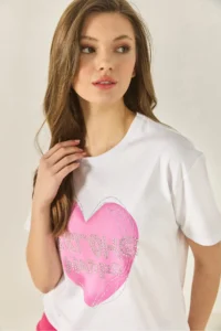 Bianco Lucci Women's Heart Printed Stone Detailed Regular Fit Cotton T-Shirt 8133 - Image 5
