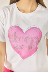 Bianco Lucci Women's Heart Printed Stone Detailed Regular Fit Cotton T-Shirt 8133 - Image 6