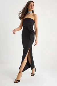 Bianco Lucci Women's Floral Accessories Slit Detailed Strapless Maxi Dress 2602