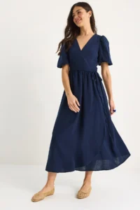 Bianco Lucci Women's Double Breasted, Balloon Sleeved Long Muslin Dress 3034