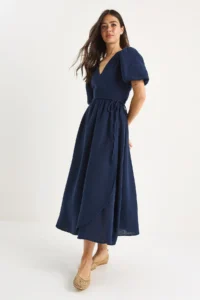 Bianco Lucci Women's Double Breasted, Balloon Sleeved Long Muslin Dress 3034 - Image 3