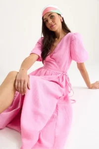 Bianco Lucci Women's Double Breasted, Balloon Sleeved Long Muslin Dress 3034 - Image 3