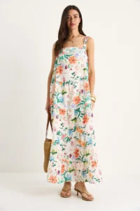 Bianco Lucci Women's Floral Patterned Square Collar Strap Lined Long Linen Dress 3048 - Image 2