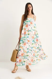 Bianco Lucci Women's Floral Patterned Square Collar Strap Lined Long Linen Dress 3048 - Image 3