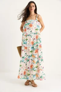 Bianco Lucci Women's Floral Patterned Square Collar Strap Lined Long Linen Dress 3048 - Image 4