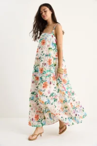 Bianco Lucci Women's Floral Patterned Square Collar Strap Lined Long Linen Dress 3048 - Image 5