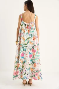 Bianco Lucci Women's Floral Patterned Square Collar Strap Lined Long Linen Dress 3048 - Image 7