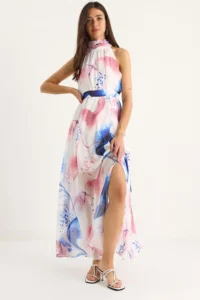 Bianco Lucci Women's Halter Neck Patterned Slit Detailed Lined Chiffon Dress