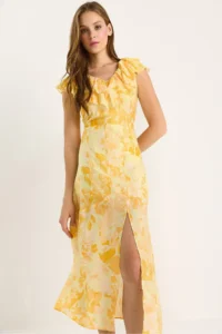 Bianco Lucci Women's Frilly Collar Lined Slit Detailed Floral Patterned Dress 3064