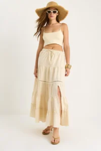 Bianco Lucci Women's Elastic Waist Flounce Lined Stripe Lace Detailed Slit Linen Skirt 25272