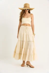 Bianco Lucci Women's Elastic Waist Flounce Lined Stripe Lace Detailed Slit Linen Skirt 25272 - Image 3