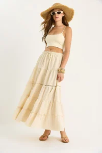 Bianco Lucci Women's Elastic Waist Flounce Lined Stripe Lace Detailed Slit Linen Skirt 25272 - Image 4