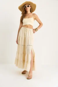 Bianco Lucci Women's Elastic Waist Flounce Lined Stripe Lace Detailed Slit Linen Skirt 25272 - Image 5
