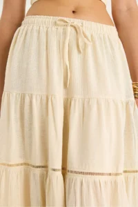 Bianco Lucci Women's Elastic Waist Flounce Lined Stripe Lace Detailed Slit Linen Skirt 25272 - Image 6