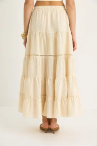 Bianco Lucci Women's Elastic Waist Flounce Lined Stripe Lace Detailed Slit Linen Skirt 25272 - Image 7
