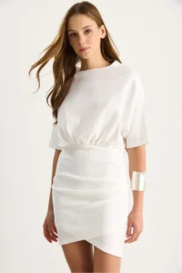 Bianco Lucci Women's Double Breasted Skirt Detailed Basic Dress with Elastic Waist - Image 5