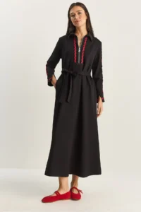 Bianco Lucci Women's Zippered Collar, Flowy, Mobile Belt Long Dress 8593