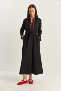Bianco Lucci Women's Zippered Collar, Flowy, Mobile Belt Long Dress 8593 - Image 2
