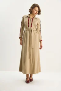 Bianco Lucci Women's Zippered Collar, Flowy, Mobile Belt Long Dress 8593 - Image 4