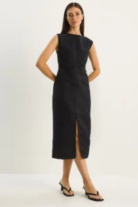 Bianco Lucci Women's Slit Detailed Woven Suede Midi Pencil Dress 10969
